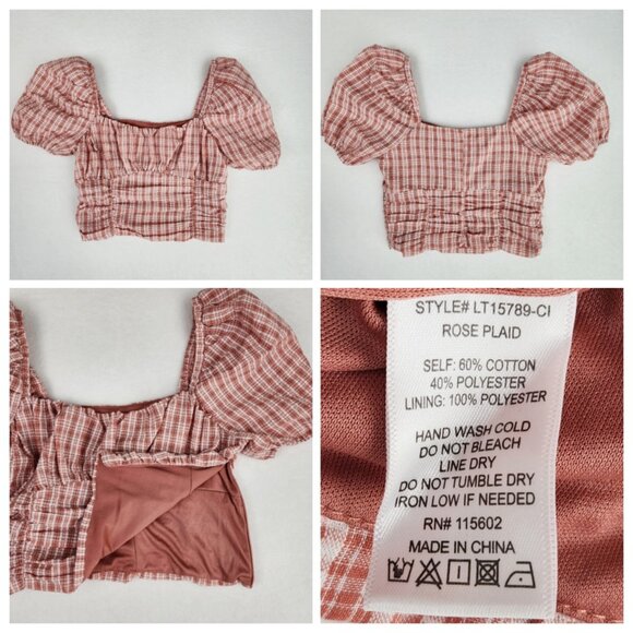 Vestique Pretty in Plaid Cropped Top with Puff Sleeves Size M Rose Pink - Picture 5 of 7